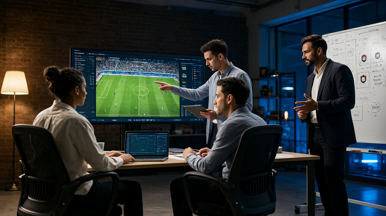 8866体育内容团队 working together in a modern studio discussing match analysis and editorial planning