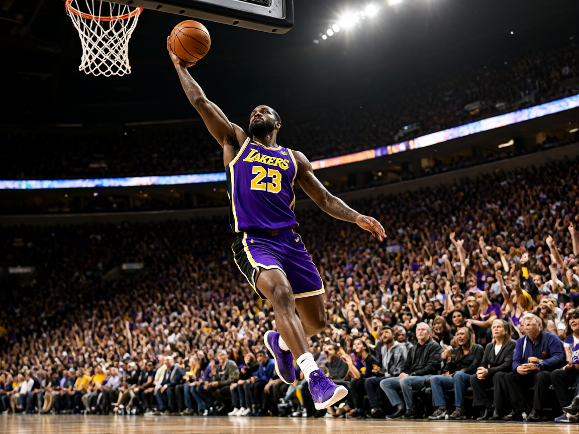 NBA常规赛湖人主场，詹姆斯突破上篮瞬间，球迷激情呐喊